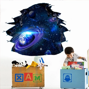 3D outer space wall sticker with broken wall effect showing planets and stars