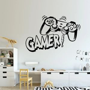 Detail of gamer vinyl wall decal with controller icon on white bedroom wall décor