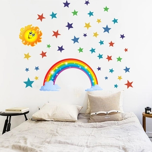 Rainbow and sun wall stickers for kids room decor with colorful stars and clouds