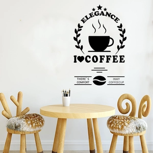 Black 'I Love Coffee' wall sticker featuring coffee cups and beans in a modern dining room