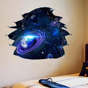 Detailed view of 3D broken wall galaxy sticker showing vibrant planets and deep space