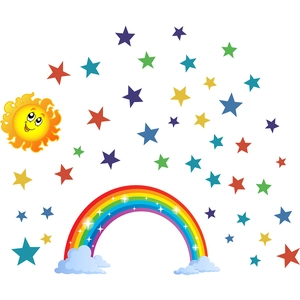 Rainbow wall decals with smiling sun, clouds and colorful stars for nursery decor