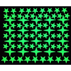 Detailed view of luminous star wall stickers set with glowing green stars on black background