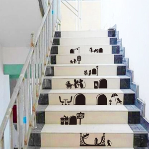 Mouse Family Hole Silhouette Wall Stickers Funny Cartoon Mouse Black PVC DIY Decals For Kids Room Stairs Home Wall Decor