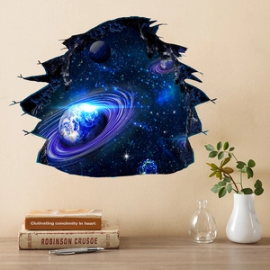 Detailed 3D cracked wall space planet wall decal for bedroom home office decoration