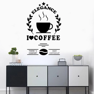 Detailed view of black PVC coffee wall decals featuring I Love Coffee text on a white wall