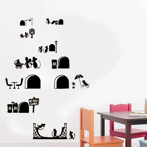 Cartoon mouse family wall stickers set in black vinyl silhouette for kids room decoration