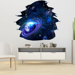 Macro view of 3D galaxy wall sticker showing deep space planets and broken wall effect