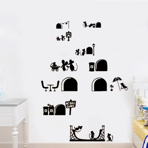 Creative black mouse family wall stickers for living room and kids bedroom decoration