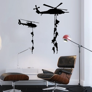 Modern military helicopter vinyl wall sticker silhouette with soldiers rappelling detail