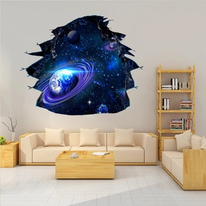 3D cracked wall effect wall sticker showing glowing planets and nebula in space scene