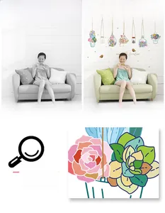 Detail of hand-painted floral wall stickers featuring succulent plants and small birds
