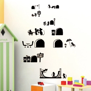 Black mouse family wall stickers silhouette featuring diverse fun scenes for kids room
