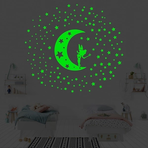 Luminous fairy with moon and stars wall decals for glowing kids bedroom decor
