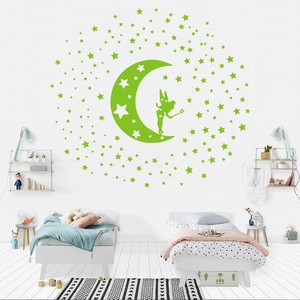 Luminous fairy blowing stars and moon wall stickers set for kids bedroom decor