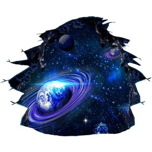3D outer space wall sticker featuring planets and broken wall effect for room decoration
