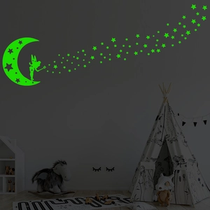 Glow in the dark fairy and stars wall stickers for kids bedroom decor in green