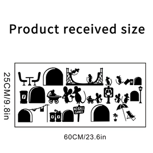 Detailed sheet layout of black mouse family silhouette wall stickers showing full dimensions