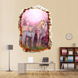 3D wall sticker with pink unicorns and forest design for bedroom or living room decor