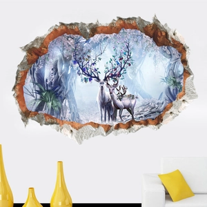 3D forest deer wall sticker with broken wall effect for living room TV backdrop decor