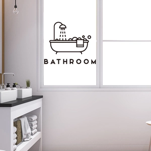 Minimalist black vinyl bathroom wall decal with bathtub icon and BATHROOM lettering