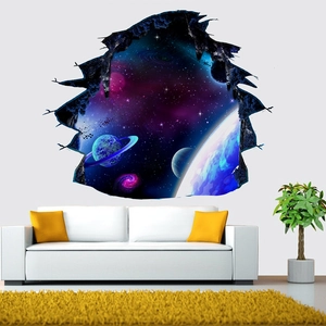3D wall sticker with galaxy nebula planet effect breaking through a white wall in a living room