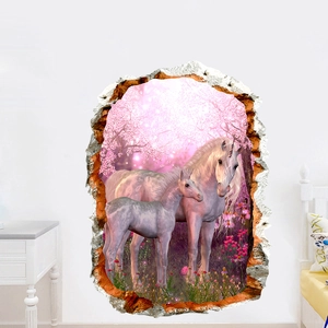 3D wall sticker with pink unicorn and magic forest design for bedroom decoration