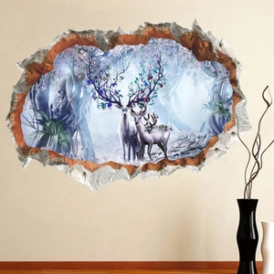 Detail of 3D cracked wall sticker with forest deer and purple flowers on beige background