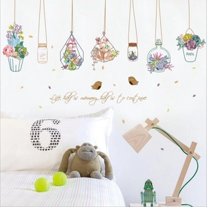 Hanging plant wall stickers with colorful succulents and potted greenery for home decor