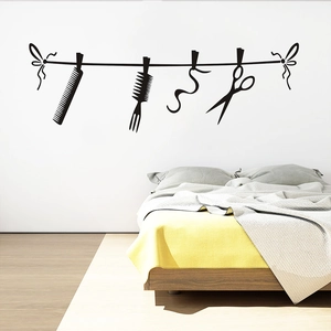 Barber shop tool silhouette wall sticker with scissors and comb for hair salon decor