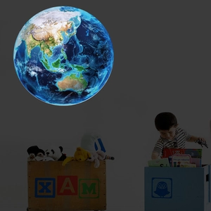 Luminous Earth wall sticker for kids room featuring realistic satellite map and blue glow
