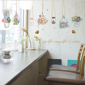 Fresh hanging plant wall stickers with succulents and birds for living room decor