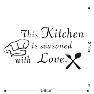 Detailed dimension guide for Kitchen is seasoned with Love vinyl wall sticker