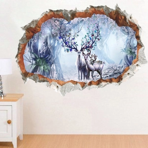 3D forest deer wall sticker with broken wall effect for living room TV backdrop