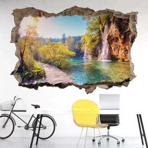 Vinilo decorativo 3D efecto pared rota con paisaje natural de cascada y sendero de madera