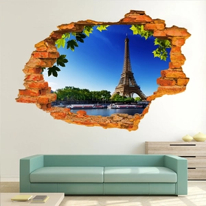 3D broken brick wall sticker featuring Eiffel Tower view for modern living room decor