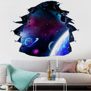 3D broken wall effect wall decal featuring Saturn and purple galaxy nebula in a living room