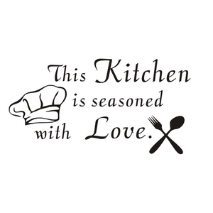Kitchen wall decal featuring Kitchen is seasoned with Love text and chef icons