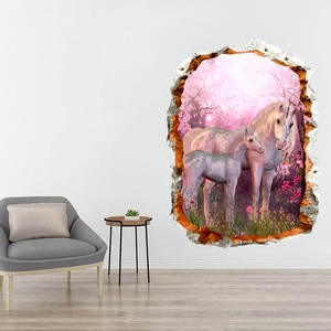 3D wall sticker featuring unicorns in a pink forest scene breaking through a white wall