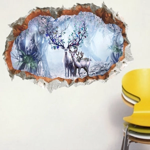 3D broken wall wall sticker with forest deer and purple fantasy trees for home decor