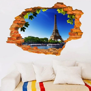 3D Eiffel Tower wall sticker with cracked brick effect and autumn leaves on white wall