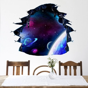 Detailed view of 3D galaxy wall sticker showing realistic broken wall effects and outer space