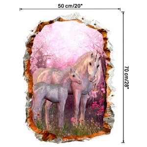 3D wall sticker detail showing pink unicorn and cherry tree in 50x70cm size