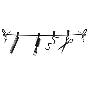Barbershop vinyl wall decal featuring scissors and combs hanging on a bow string