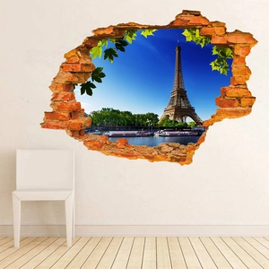 3D broken wall sticker showing Paris Eiffel Tower landscape for living room decor