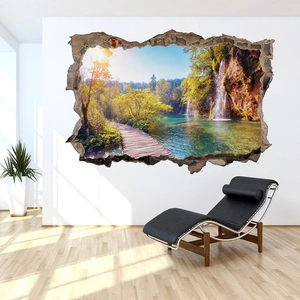 Vinilo de pared 3D con paisaje de bosque y cascada con efecto de pared rota real