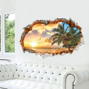 3D broken wall sticker featuring a tropical beach sunset and palm trees for home decor