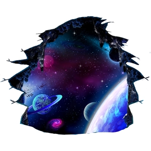 Detailed 3D cosmic wall sticker featuring planets and a spiral galaxy bursting from a wall