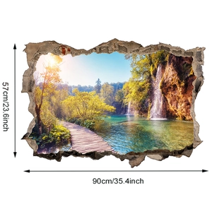 Vinilo de pared 3D efecto roto con paisaje de cascada y dimensiones de 90x57cm detalle