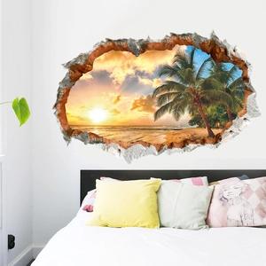 3D beach sunset wall decal with tropical palm trees and realistic broken wall effect